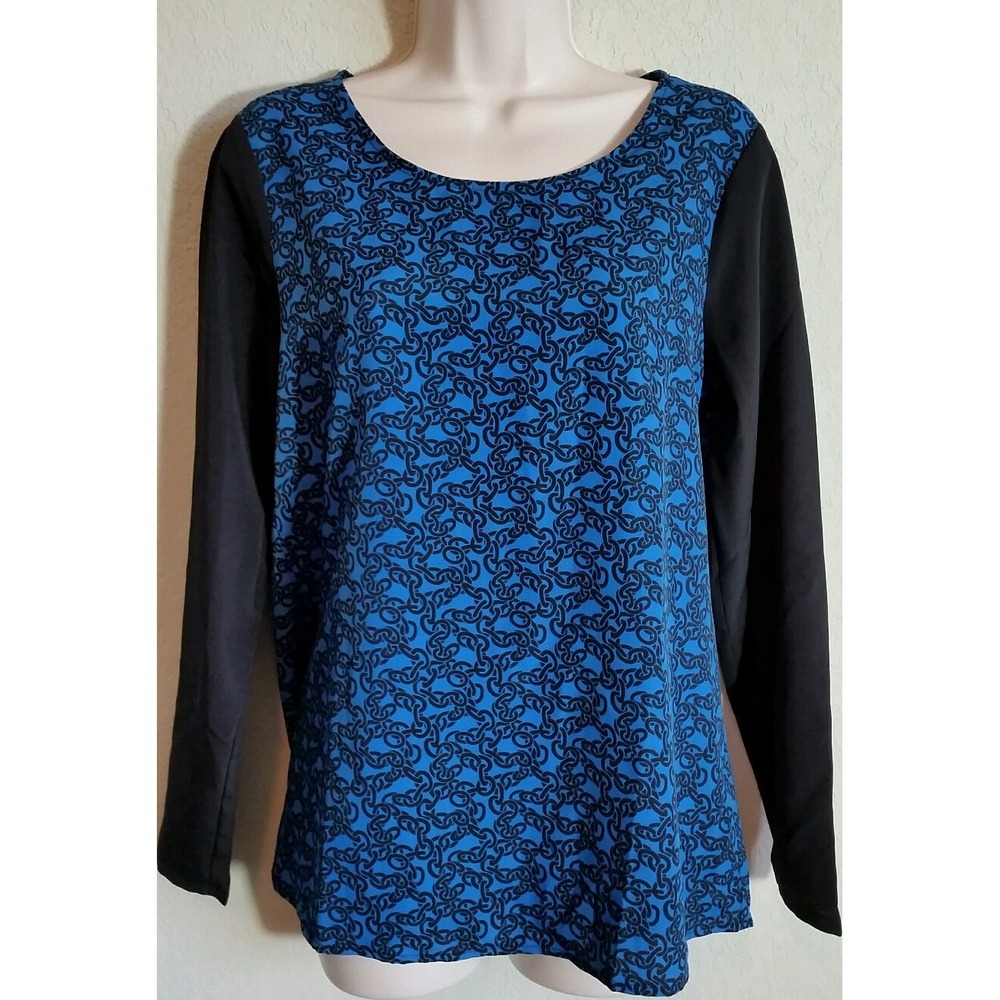 Ann Taylor LOFT Blouse Womens S Blue Black Chain Link Print Mixed Media Top